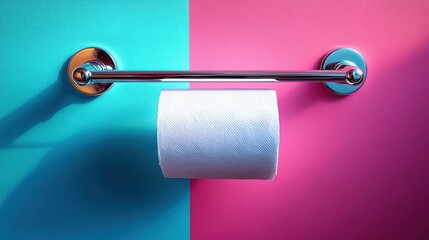 Toilet paper roll hanging on a chrome holder against a split pastel blue and pink background with contrasting lighting and shadow