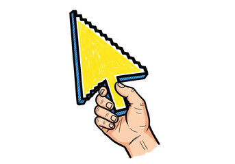 Hand holding a pixelated arrow cursor for clicking and web navigation.

