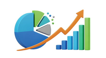 Growth chart and pie graph isolated on a transparent background