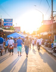 Obraz premium Blurred street scene, market, people walking