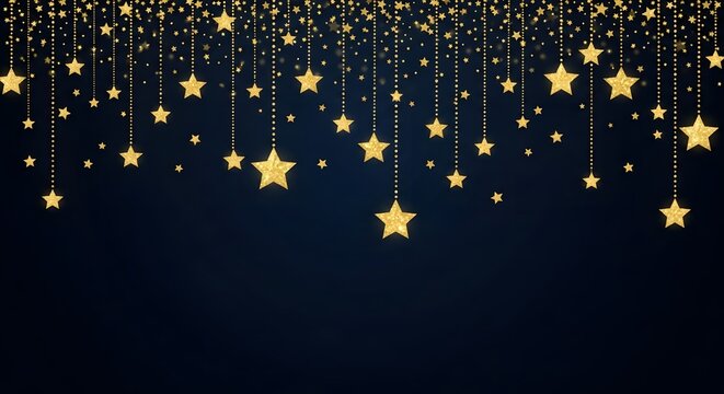 Sparkling gold star garland on dark blue background, creating a festive and magical atmosphere, perfect for holiday celebrations and elegant designs