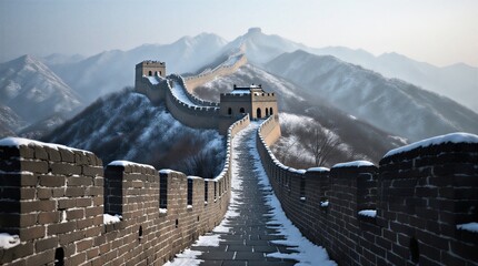 snow-covered ancient great wall winding through frosty mountain landscape | travel, history, architecture, nature, culture theme