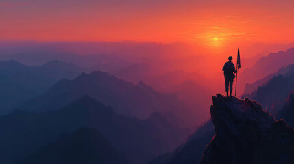American soldier standing on a mountain peak holding a flag during a dramatic sunset scene
