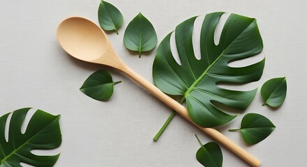 Minimalist presentation of wooden spoon and vibrant tropical leaves