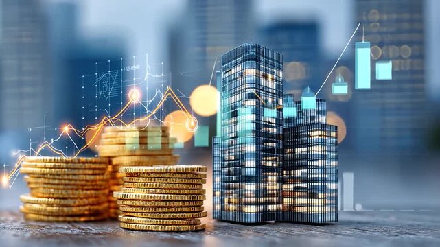 Coins, graph, and buildings suggest finance, investment, and urban growth - Powered by Adobe