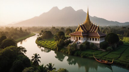 ancient buddhist temple perched on hillside overlooking majestic mekong river panorama | travel, religion, nature, culture, architecture theme