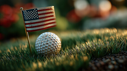 Golf ball with the American flag on green grass ready for a patriotic themed golf game