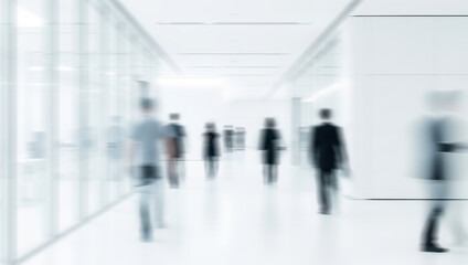 Blurred figures walk in a bright white hallway with glass walls, creating a modern minimalistic atmosphere that feels open, clean, and futuristic.