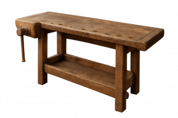 Antique wooden workbench with vise isolated on transparent background, showing craftsmanship and history