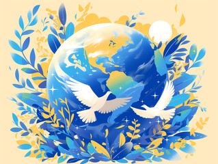 Abstract Art of Earth, Peace Dove, Olive Branch, and Sun