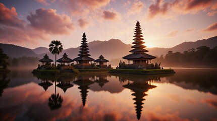 serene island temple reflecting golden sunset hues over tranquil lake | travel, landscape, asia, culture, religion theme