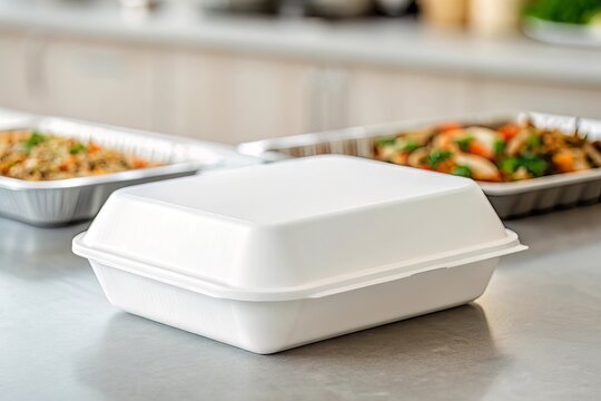 White disposable food container with prepared meals in background