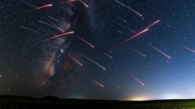 Geminid meteor shower streaks across the night sky over a dark landscape illuminating the Milky Way galaxy v
