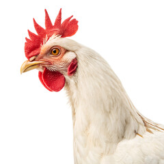 Closeup of a white hen with a red comb isolated on transparent background, showcasing its detailed feathers and vibrant colors in a studio shot