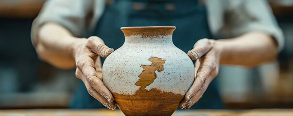 Close-up of hands holding a crafted ceramic pot with textured brown and beige colors, showcasing the art and care of pottery making