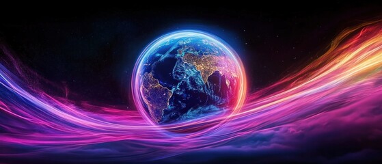 Digital visualization of Earth glowing with city lights surrounded by swirling neon light trails in space conveying energy and motion
