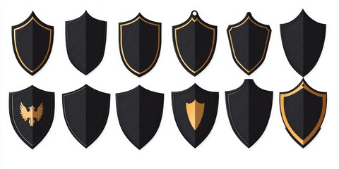 Set of twelve black shields with gold details and simple designs, including plain, bordered, and emblematic patterns arranged in two rows on a white background