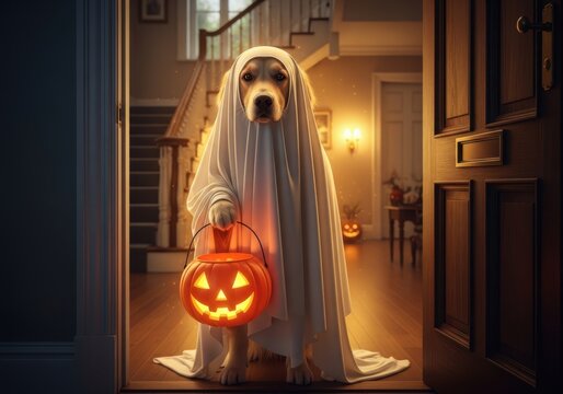 A golden retriever dog dressed as a ghost holds a jackolantern bucket at a doorway
