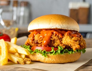 Crispy fried chicken sandwich with fries