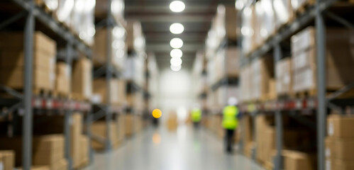 Blurred warehouse interior with shelves, boxes, and workers in safety vests, highlighting the busy logistics environment with movement and industrial details.