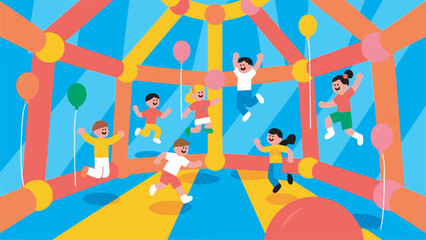 illustration of small children playing in a balloon palace vector design template