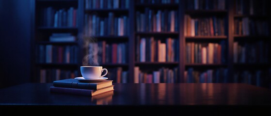 warm library scene featuring a steaming cup of coffee and towering bookshelves | study, relax, cozy, literature, education theme