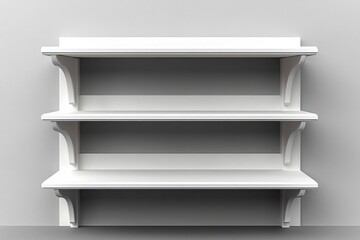 Minimalist white wooden wall shelves mounted on a grey wall with bracket supports, creating clean and simple storage space with a modern aesthetic