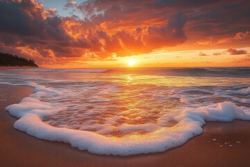 Golden sunset over the ocean with foamy waves gently washing onto a sandy beach under dramatic orange and blue clouds