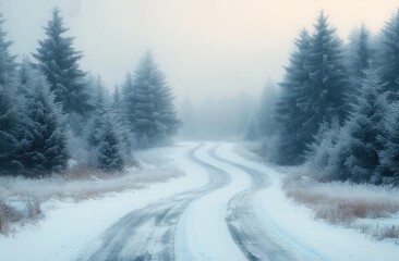 snow-covered winding road through frosty evergreen forest trees in a serene winter foggy landscape