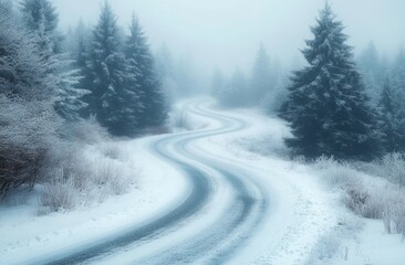 A winding snow-covered road surrounded by frosted evergreen trees in a foggy winter landscape