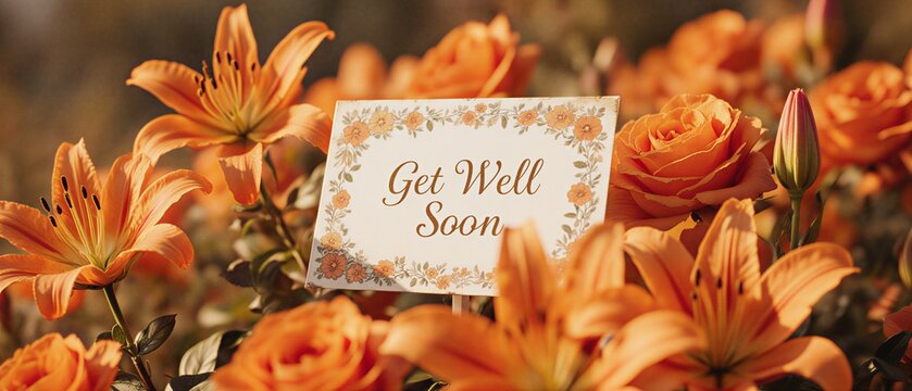 bright orange flower bouquet with a personalized get well soon card message | recovery, sympathy, cheer, comfort, celebration theme