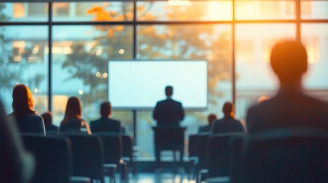 Silhouetted audience listening to a speaker presenting in front of a bright screen with large windows showing an urban outdoor scene during sunset