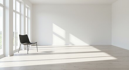 Sunlight streams into a vacant white room with a single black chair, creating a serene and minimalist scene of quiet contemplation