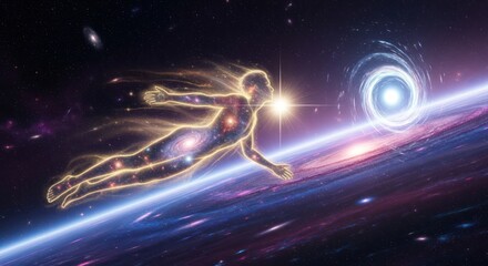 Celestial voyager: an ethereal human figure traverses a vibrant cosmic landscape dreamscape