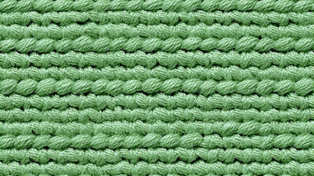 Soft green crochet texture background in pastel milk green mutcha tea color, flat seamless pattern with fine yarn details, simple and minimalistic textile design
