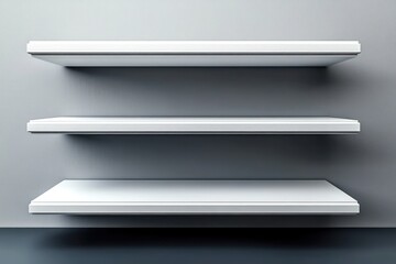 Three empty white floating shelves mounted on a plain gray wall above a dark floor giving a minimalist and clean interior look