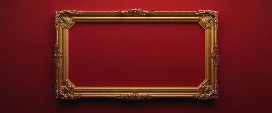 Empty ornate gold rectangular picture frame hanging on deep red wall, showcasing decorative vintage style with intricate floral and corner embellishments