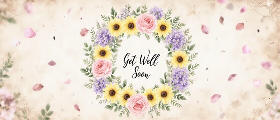gentle floral greeting card with delicate pink and purple blooms for a speedy recovery | sympathy, get well, greeting, celebration, comfort theme