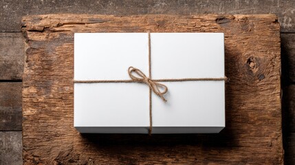 Blank white paper box package on aged wooden surface