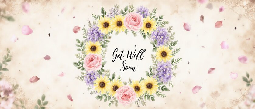 gentle floral greeting card with delicate pink and purple blooms for a speedy recovery | sympathy, get well, greeting, celebration, comfort theme