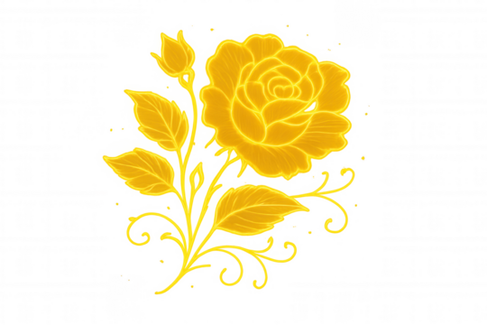Glowing golden rose with leaves and decorative swirls, isolated on transparent background, perfect for adding a touch of luxury and elegance