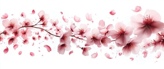 Fototapeta premium Delicate pink cherry blossom branch with soft petals gently falling on a white background conveying beauty and tranquility