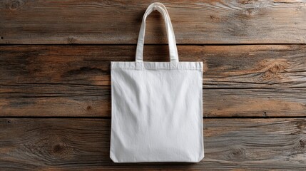Blank white canvas tote bag on rustic pine table. Product mockup
