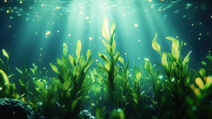 Fototapeta premium Underwater scene showing green aquatic plants illuminated by rays of sunlight piercing through the water surface, creating a serene and magical atmosphere