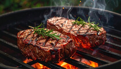 Two steaks grill over hot flames, with grill marks and rosemary. Smoke rises from the cooking meat