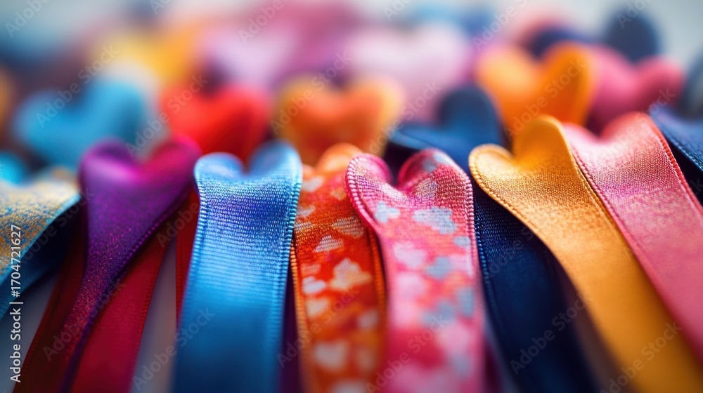 Poster close-up of colorful satin ribbons shaped like hearts arranged in a row creating a vibrant and cheer