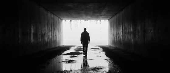 man walks through a dark, mysterious tunnel, symbolizing uncertainty and a journey into the unknown | isolation, despair, mystery, hope, determination theme