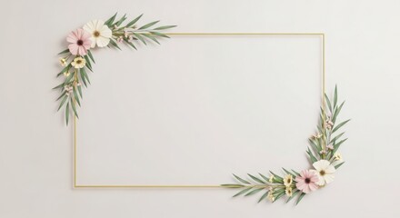 Minimal golden line frame with flowers only on two corners, elegant clean design