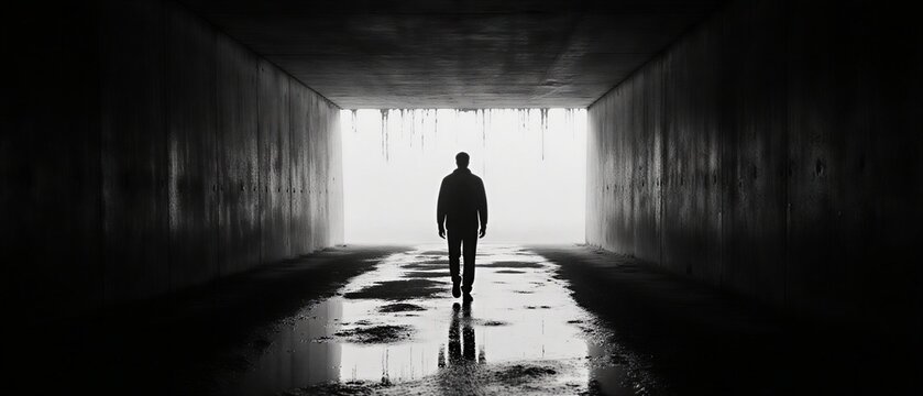 man walks through a dark, mysterious tunnel, symbolizing uncertainty and a journey into the unknown | isolation, despair, mystery, hope, determination theme