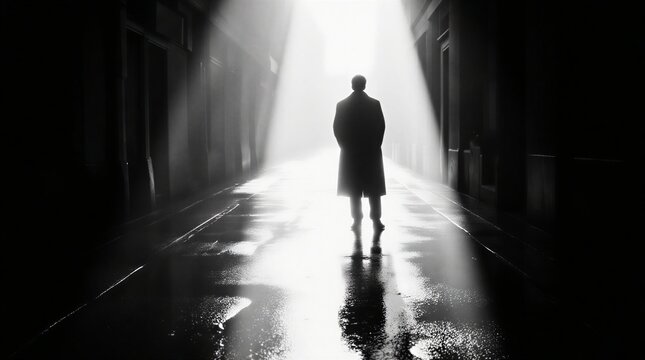 lone figure traversing a dimly lit urban street veiled in misty atmosphere | loneliness, mystery, mood, city, reflection theme